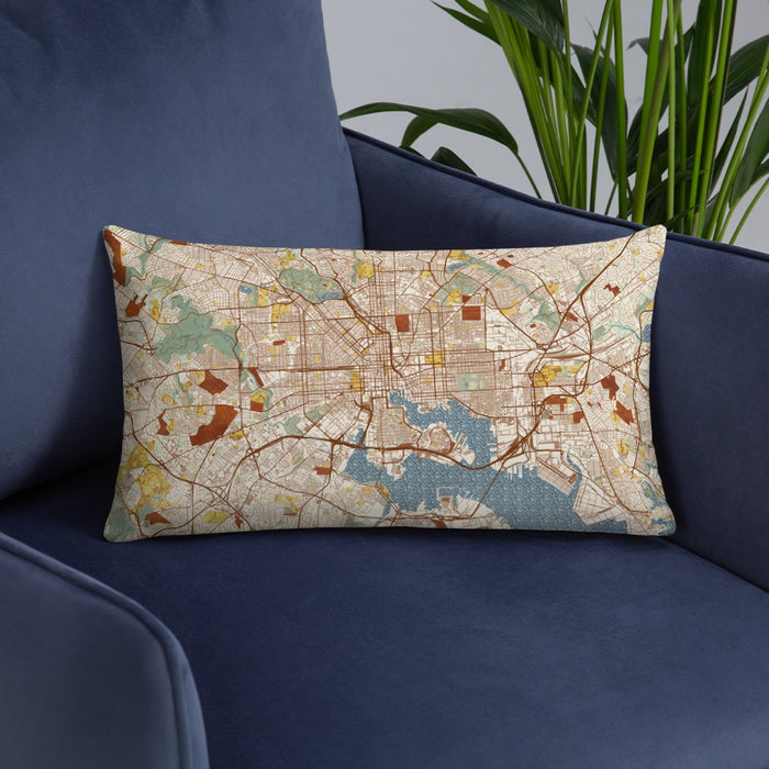 Custom Baltimore Maryland Map Throw Pillow in Woodblock on Blue Colored Chair