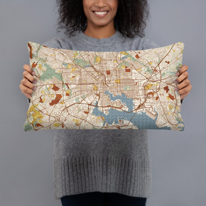 Person holding 20x12 Custom Baltimore Maryland Map Throw Pillow in Woodblock