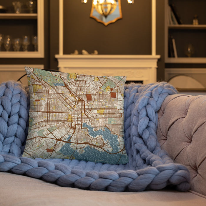 Custom Baltimore Maryland Map Throw Pillow in Woodblock on Cream Colored Couch