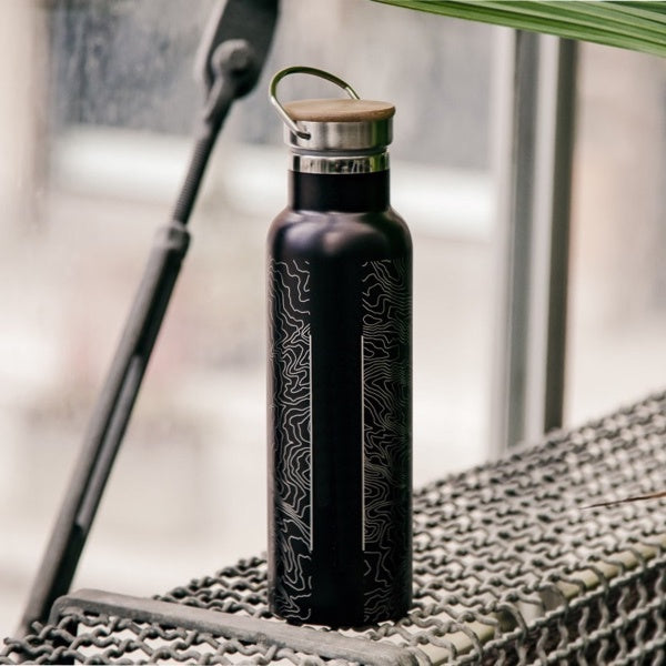 Custom Engraved Map Bottle with Bamboo Top in Matte Black