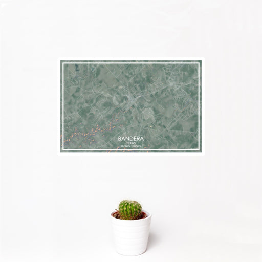 12x18 Bandera Texas Map Print Landscape Orientation in Afternoon Style With Small Cactus Plant in White Planter