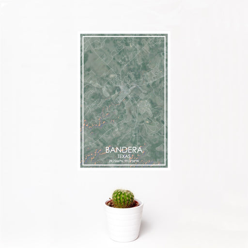 12x18 Bandera Texas Map Print Portrait Orientation in Afternoon Style With Small Cactus Plant in White Planter
