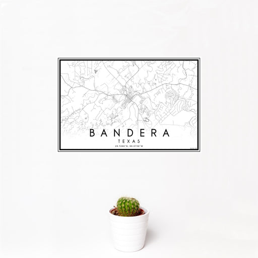 12x18 Bandera Texas Map Print Landscape Orientation in Classic Style With Small Cactus Plant in White Planter