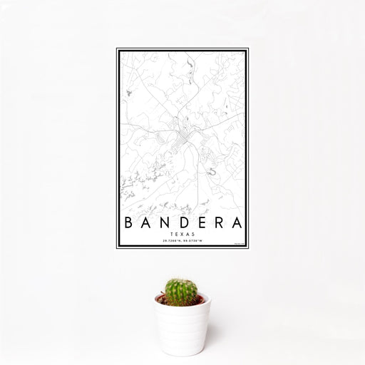12x18 Bandera Texas Map Print Portrait Orientation in Classic Style With Small Cactus Plant in White Planter