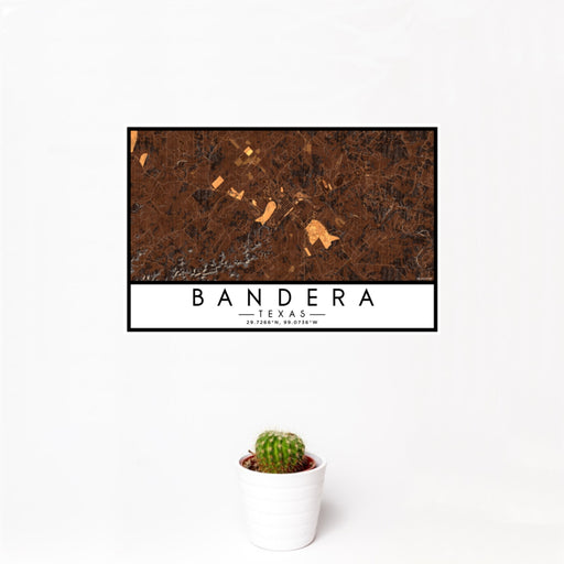 12x18 Bandera Texas Map Print Landscape Orientation in Ember Style With Small Cactus Plant in White Planter