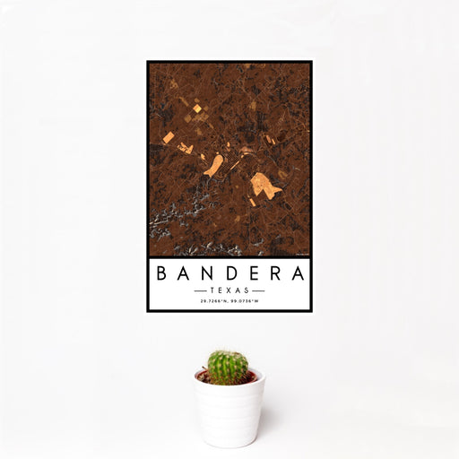 12x18 Bandera Texas Map Print Portrait Orientation in Ember Style With Small Cactus Plant in White Planter