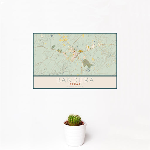 12x18 Bandera Texas Map Print Landscape Orientation in Woodblock Style With Small Cactus Plant in White Planter