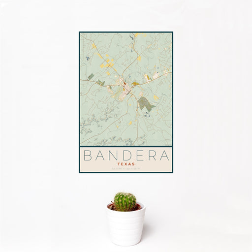 12x18 Bandera Texas Map Print Portrait Orientation in Woodblock Style With Small Cactus Plant in White Planter