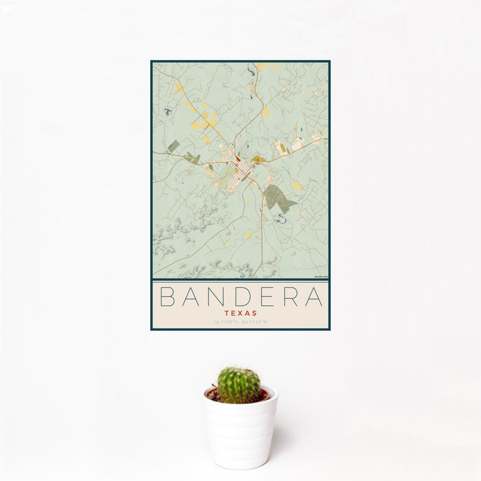 12x18 Bandera Texas Map Print Portrait Orientation in Woodblock Style With Small Cactus Plant in White Planter