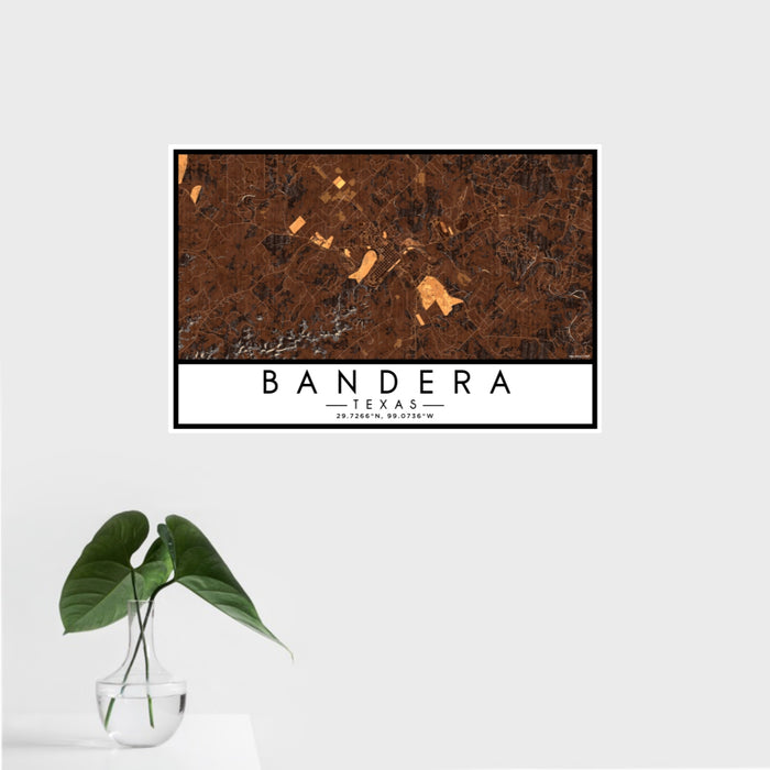 16x24 Bandera Texas Map Print Landscape Orientation in Ember Style With Tropical Plant Leaves in Water
