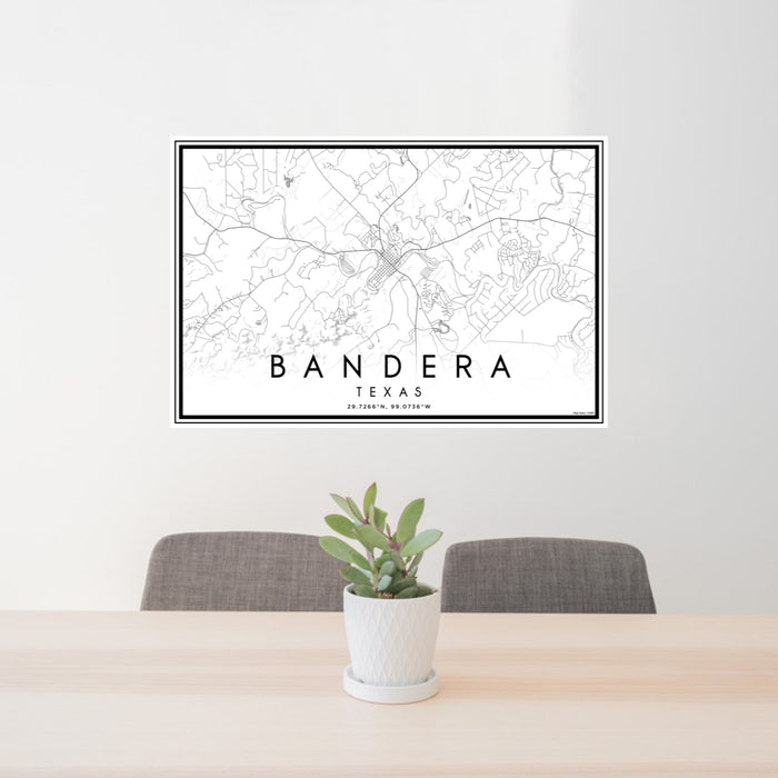 24x36 Bandera Texas Map Print Lanscape Orientation in Classic Style Behind 2 Chairs Table and Potted Plant