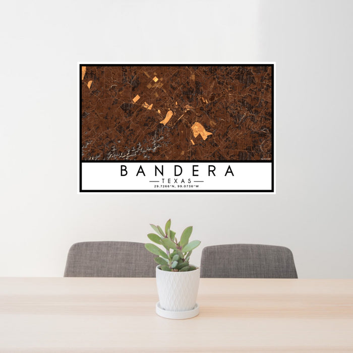 24x36 Bandera Texas Map Print Lanscape Orientation in Ember Style Behind 2 Chairs Table and Potted Plant