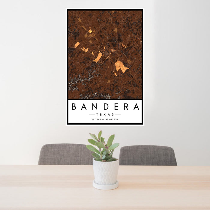24x36 Bandera Texas Map Print Portrait Orientation in Ember Style Behind 2 Chairs Table and Potted Plant