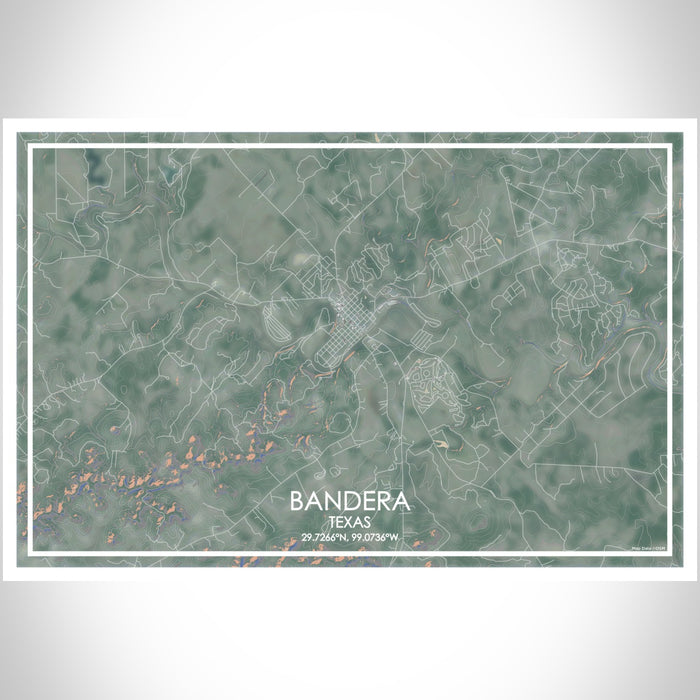Bandera Texas Map Print Landscape Orientation in Afternoon Style With Shaded Background