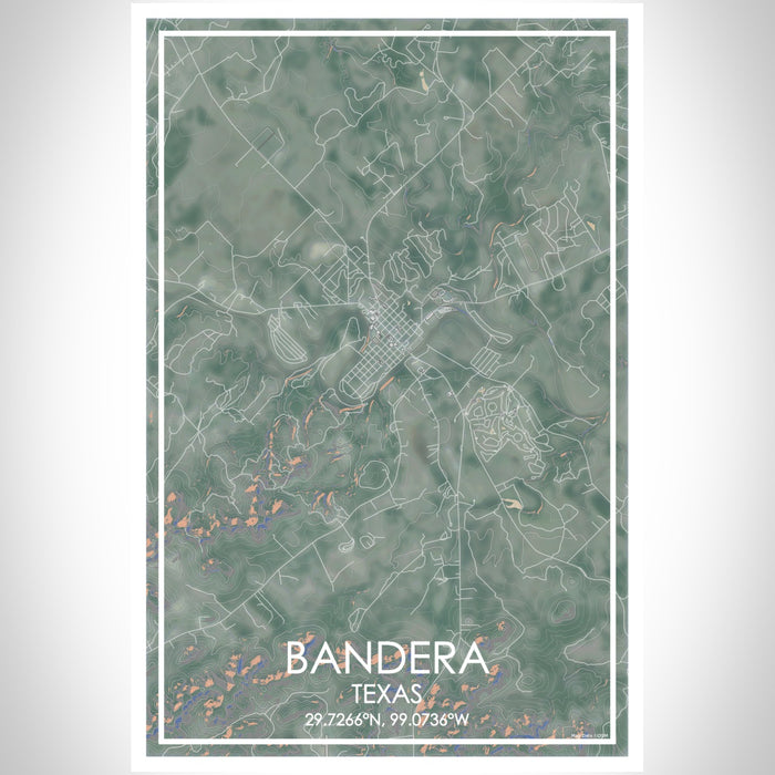 Bandera Texas Map Print Portrait Orientation in Afternoon Style With Shaded Background