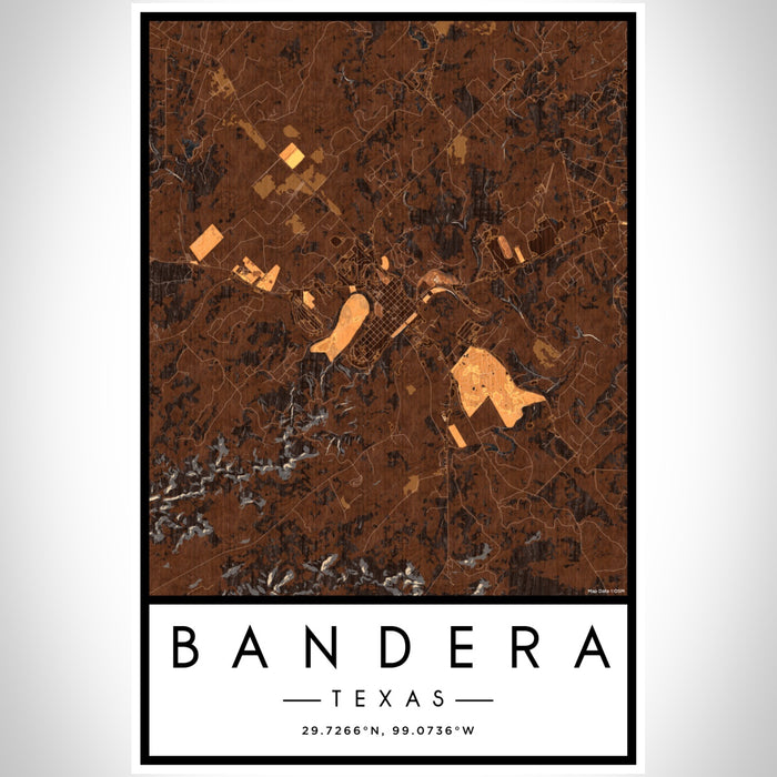 Bandera Texas Map Print Portrait Orientation in Ember Style With Shaded Background