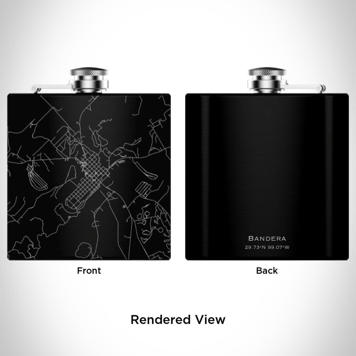 Rendered View of Bandera Texas Map Engraving on 6oz Stainless Steel Flask in Black