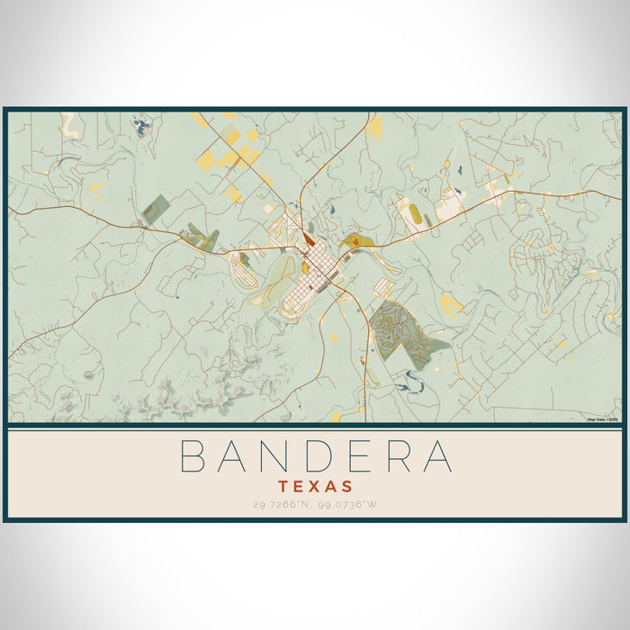 Bandera Texas Map Print Landscape Orientation in Woodblock Style With Shaded Background