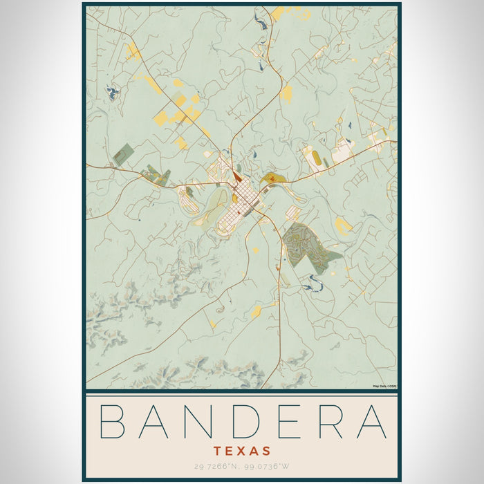 Bandera Texas Map Print Portrait Orientation in Woodblock Style With Shaded Background