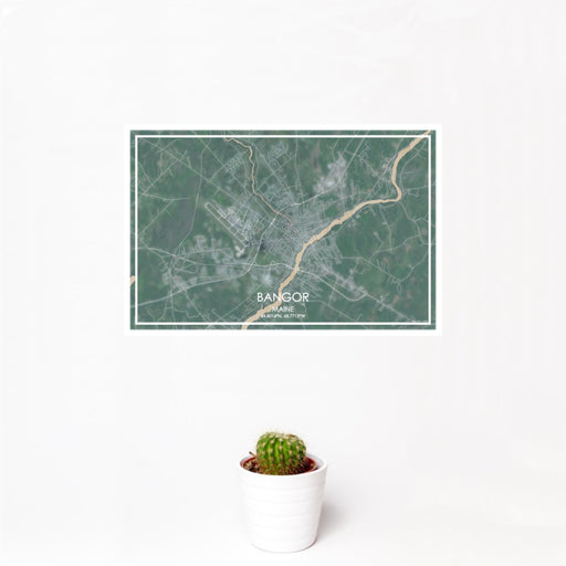 12x18 Bangor Maine Map Print Landscape Orientation in Afternoon Style With Small Cactus Plant in White Planter