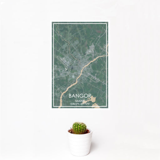 12x18 Bangor Maine Map Print Portrait Orientation in Afternoon Style With Small Cactus Plant in White Planter