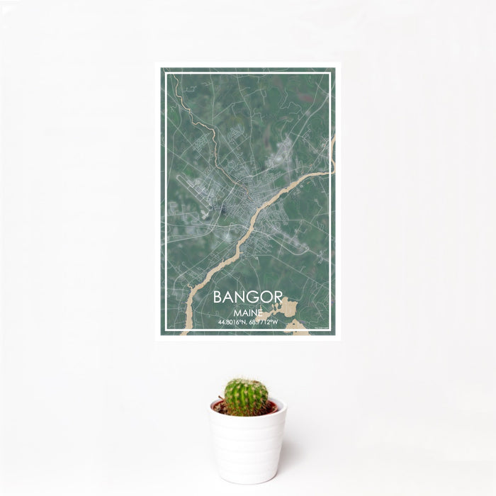 12x18 Bangor Maine Map Print Portrait Orientation in Afternoon Style With Small Cactus Plant in White Planter