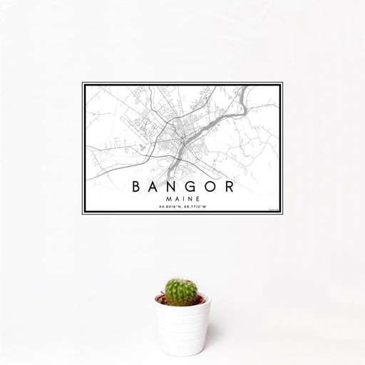 12x18 Bangor Maine Map Print Landscape Orientation in Classic Style With Small Cactus Plant in White Planter