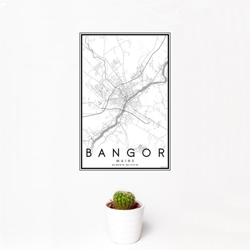 12x18 Bangor Maine Map Print Portrait Orientation in Classic Style With Small Cactus Plant in White Planter