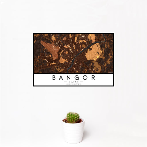 12x18 Bangor Maine Map Print Landscape Orientation in Ember Style With Small Cactus Plant in White Planter