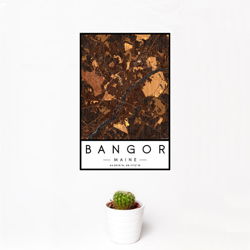 12x18 Bangor Maine Map Print Portrait Orientation in Ember Style With Small Cactus Plant in White Planter