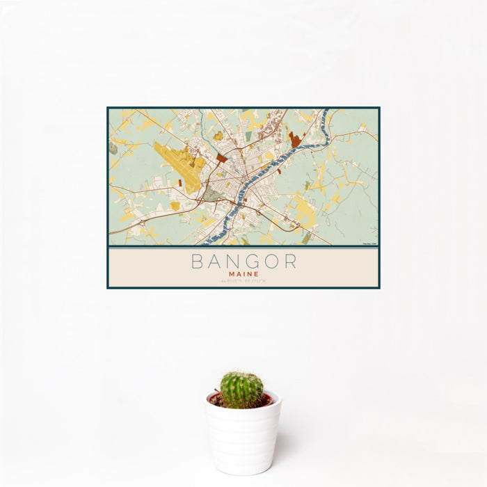 12x18 Bangor Maine Map Print Landscape Orientation in Woodblock Style With Small Cactus Plant in White Planter