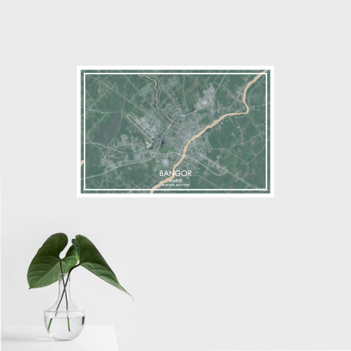 16x24 Bangor Maine Map Print Landscape Orientation in Afternoon Style With Tropical Plant Leaves in Water