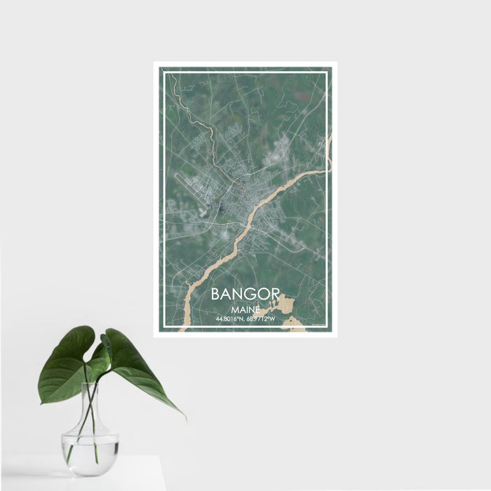 16x24 Bangor Maine Map Print Portrait Orientation in Afternoon Style With Tropical Plant Leaves in Water