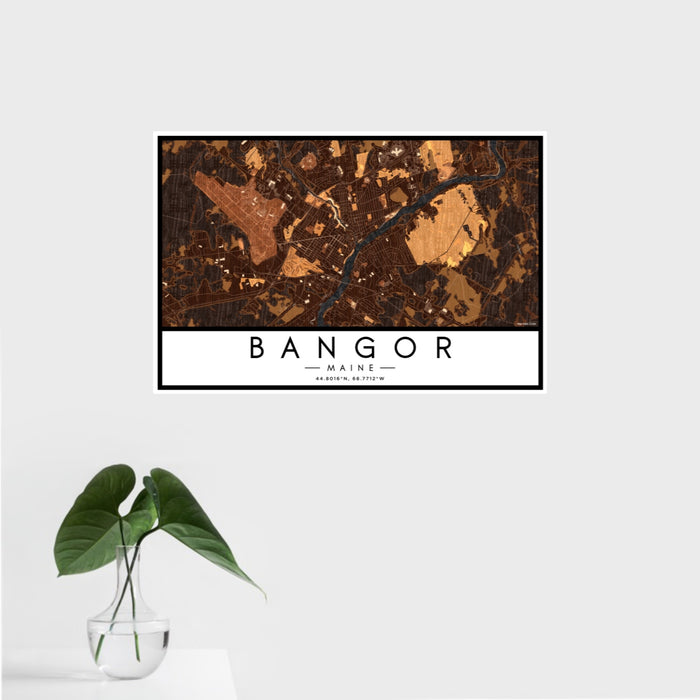 16x24 Bangor Maine Map Print Landscape Orientation in Ember Style With Tropical Plant Leaves in Water