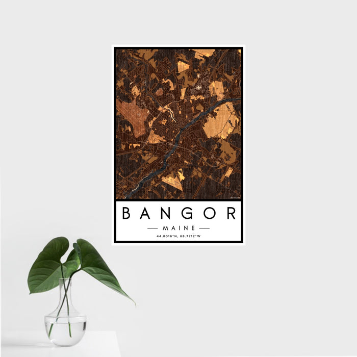 16x24 Bangor Maine Map Print Portrait Orientation in Ember Style With Tropical Plant Leaves in Water