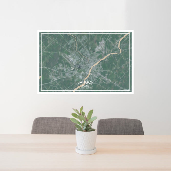 24x36 Bangor Maine Map Print Lanscape Orientation in Afternoon Style Behind 2 Chairs Table and Potted Plant
