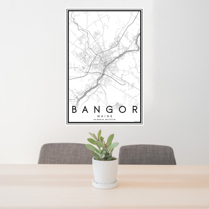 24x36 Bangor Maine Map Print Portrait Orientation in Classic Style Behind 2 Chairs Table and Potted Plant