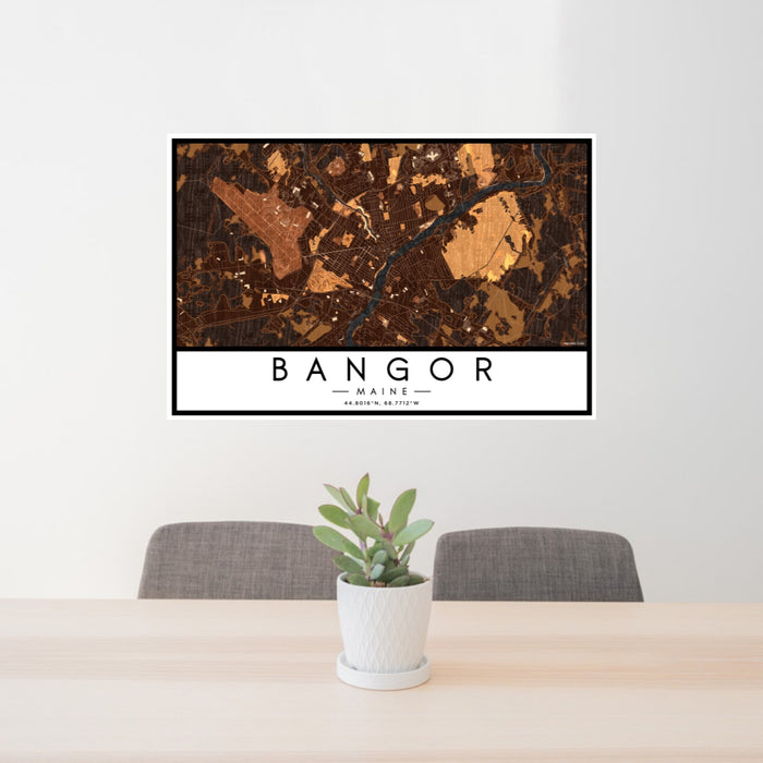 24x36 Bangor Maine Map Print Lanscape Orientation in Ember Style Behind 2 Chairs Table and Potted Plant