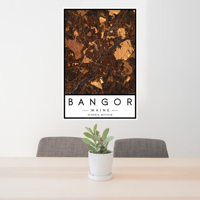 24x36 Bangor Maine Map Print Portrait Orientation in Ember Style Behind 2 Chairs Table and Potted Plant