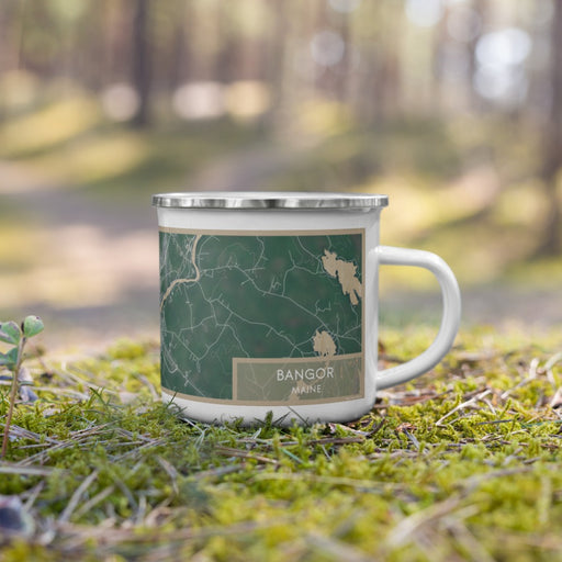 Right View Custom Bangor Maine Map Enamel Mug in Afternoon on Grass With Trees in Background