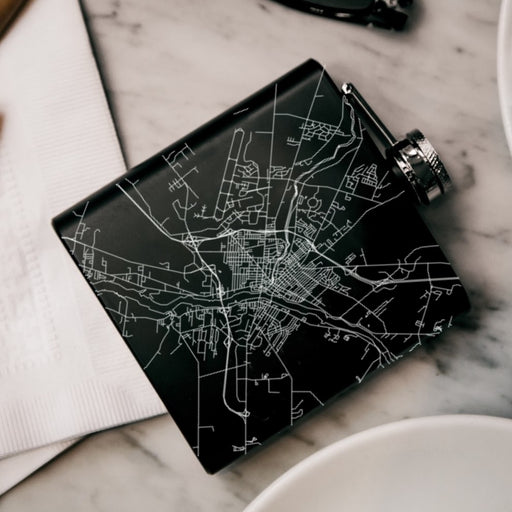 Bangor Maine Custom Engraved City Map Inscription Coordinates on 6oz Stainless Steel Flask in Black
