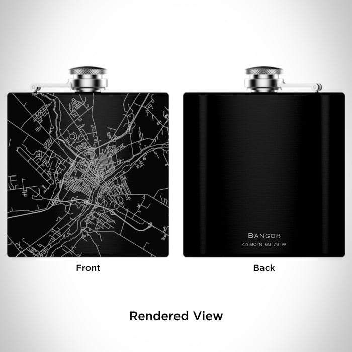 Rendered View of Bangor Maine Map Engraving on 6oz Stainless Steel Flask in Black