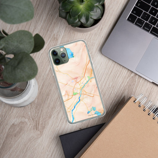 Custom Bangor Maine Map Phone Case in Watercolor on Table with Laptop and Plant
