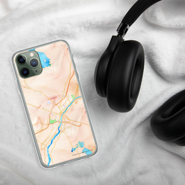 Custom Bangor Maine Map Phone Case in Watercolor on Table with Black Headphones
