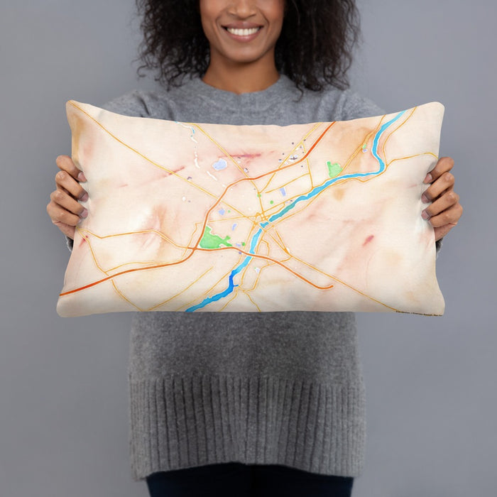 Person holding 20x12 Custom Bangor Maine Map Throw Pillow in Watercolor