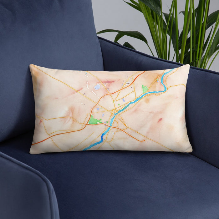 Custom Bangor Maine Map Throw Pillow in Watercolor on Blue Colored Chair