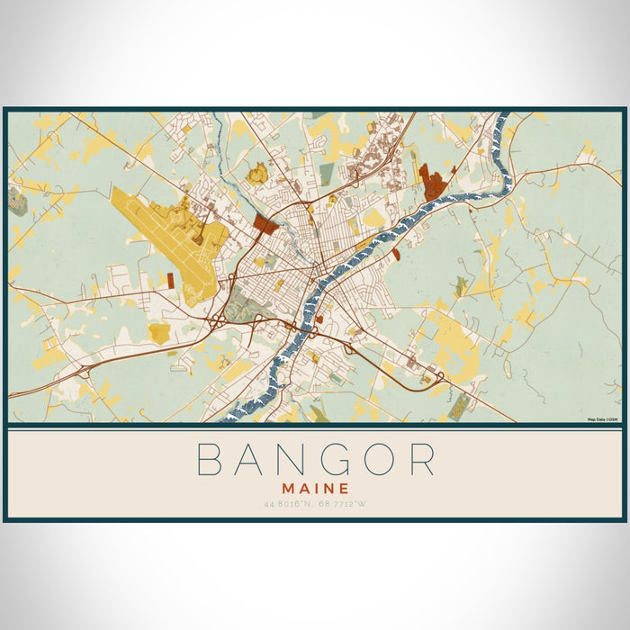 Bangor Maine Map Print Landscape Orientation in Woodblock Style With Shaded Background