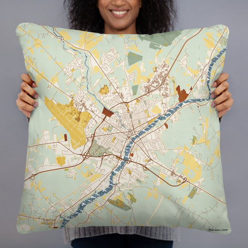 Person holding 22x22 Custom Bangor Maine Map Throw Pillow in Woodblock
