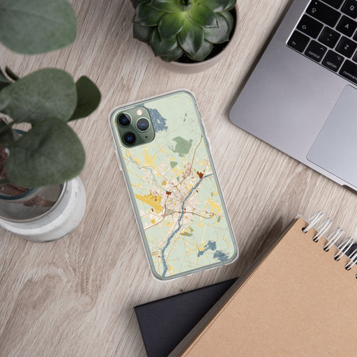 Custom Bangor Maine Map Phone Case in Woodblock on Table with Laptop and Plant