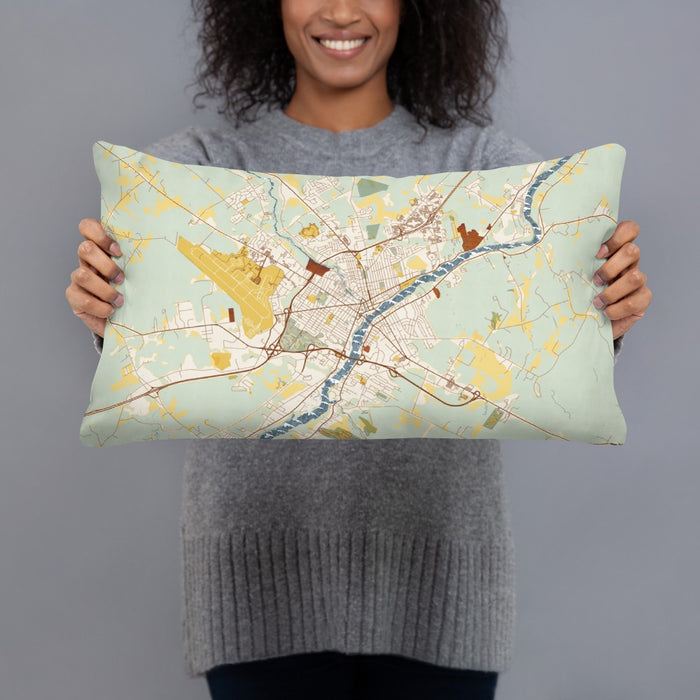 Person holding 20x12 Custom Bangor Maine Map Throw Pillow in Woodblock